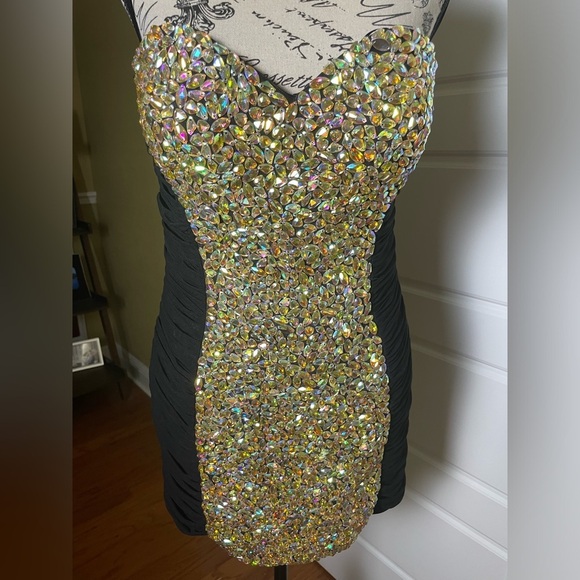 La Femme Rhinestone Jewel Rouched Strapless Black Mini Dress Style 16368 - Picture 8 of 10